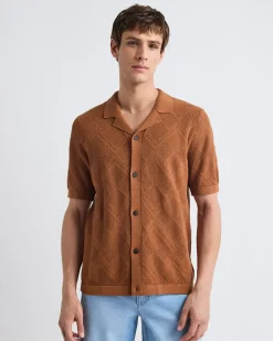 Short-Sleeve Buttoned-Down Argyle Sweater with Camp Collar