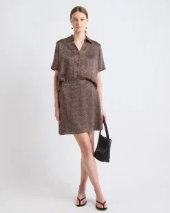 Short-Sleeve Buttoned-Down Dotted Satin Blouse