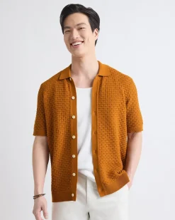 Short-Sleeve Buttoned-Down Textured Sweater with Shirt Collar
