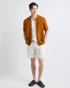 Short-Sleeve Buttoned-Down Textured Sweater with Shirt Collar