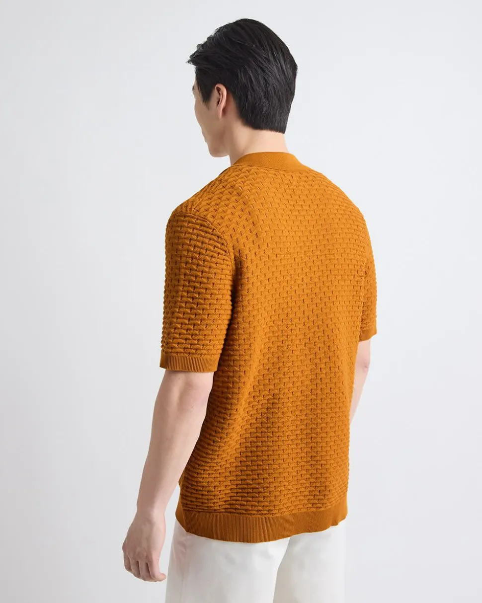 Short-Sleeve Buttoned-Down Textured Sweater with Shirt Collar