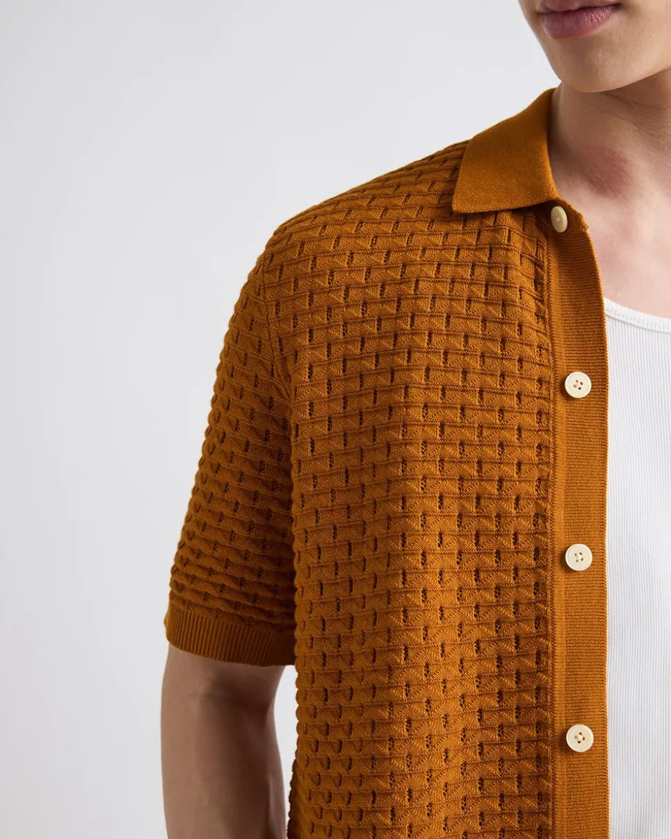 Short-Sleeve Buttoned-Down Textured Sweater with Shirt Collar