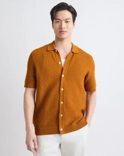 Short-Sleeve Buttoned-Down Textured Sweater with Shirt Collar