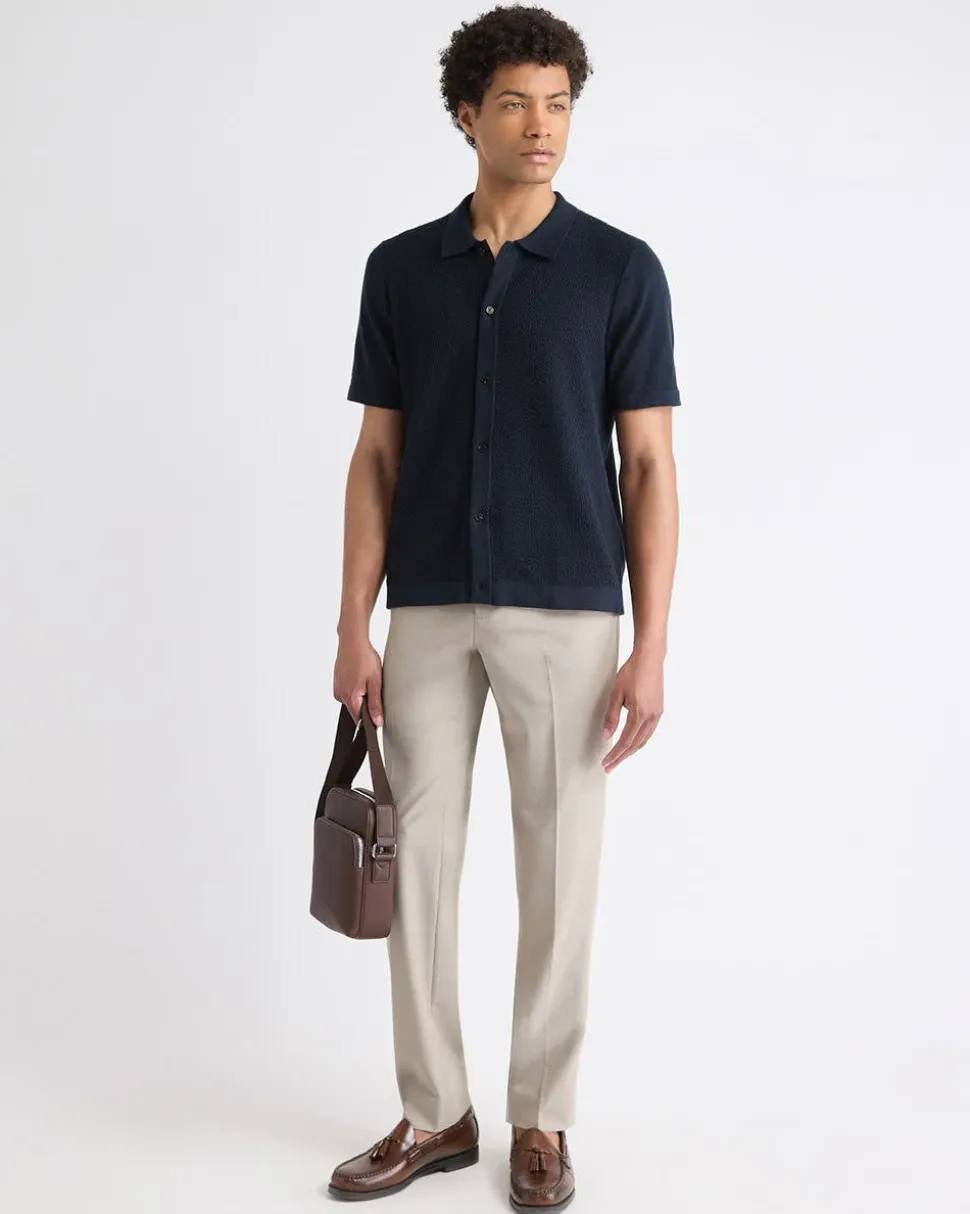 Short-Sleeve Buttoned-Down Textured Sweater with Shirt Collar