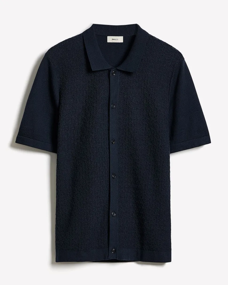 Short-Sleeve Buttoned-Down Textured Sweater with Shirt Collar