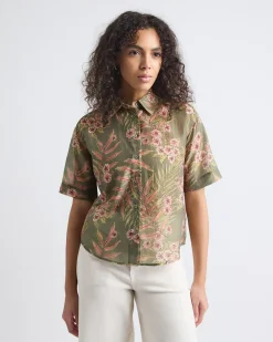 Short-Sleeve Buttoned-Down Blouse with Shirt Collar