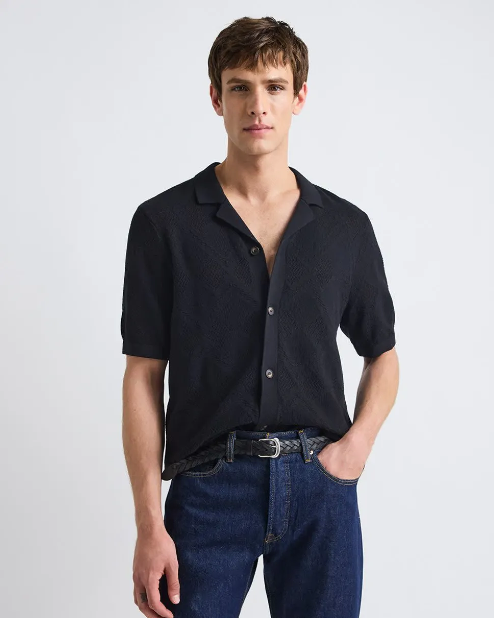 Short-Sleeve Buttoned-Down Argyle Sweater with Camp Collar