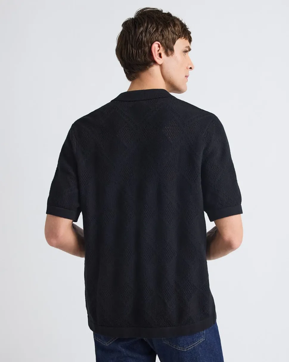 Short-Sleeve Buttoned-Down Argyle Sweater with Camp Collar