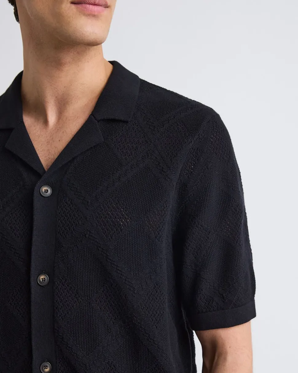 Short-Sleeve Buttoned-Down Argyle Sweater with Camp Collar