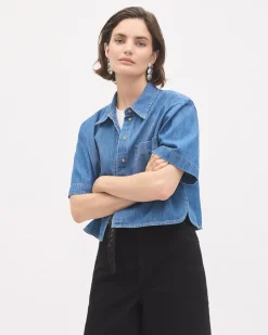 Short-Sleeve Buttoned-Down Denim Blouse