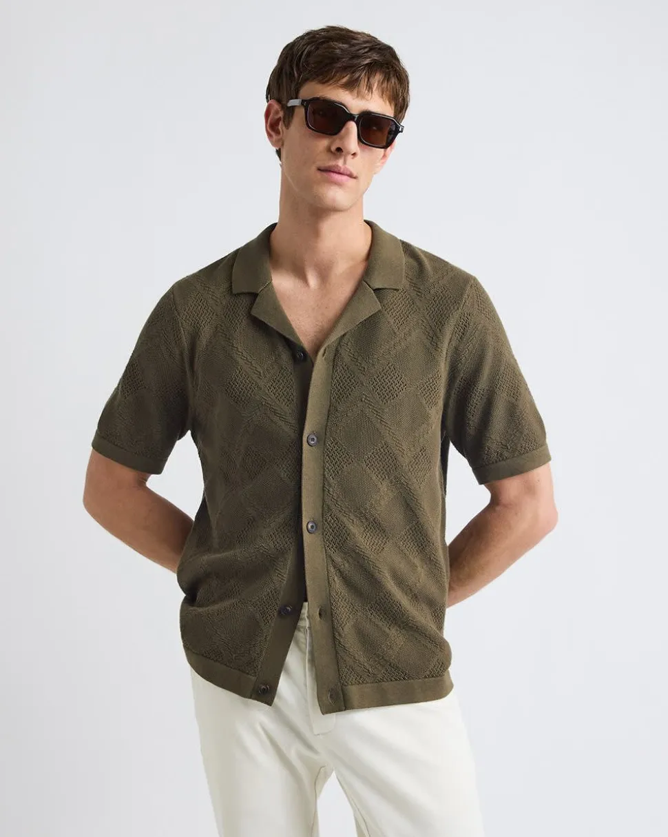 Short-Sleeve Buttoned-Down Argyle Sweater with Camp Collar