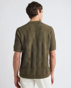 Short-Sleeve Buttoned-Down Argyle Sweater with Camp Collar