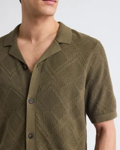 Short-Sleeve Buttoned-Down Argyle Sweater with Camp Collar