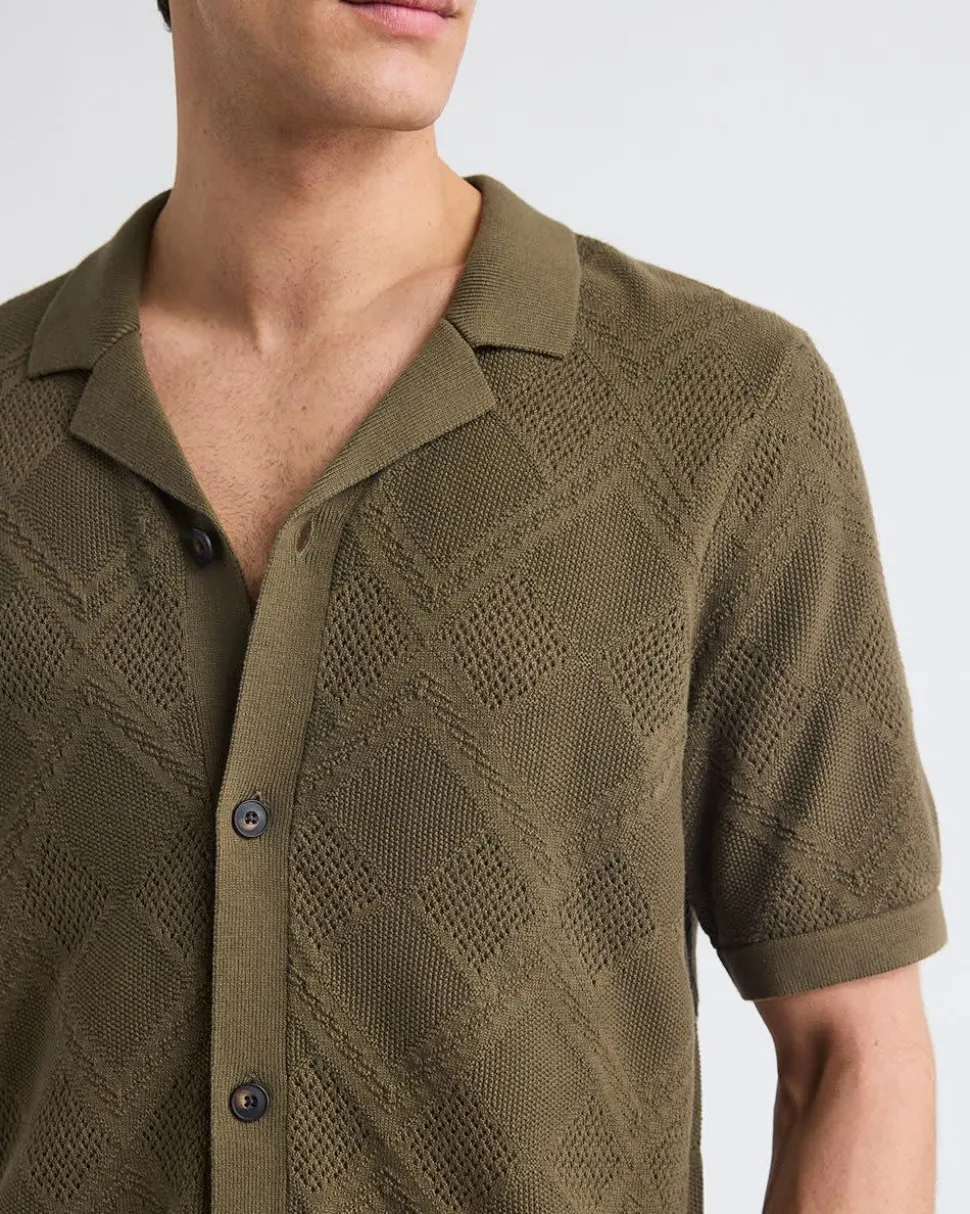 Short-Sleeve Buttoned-Down Argyle Sweater with Camp Collar