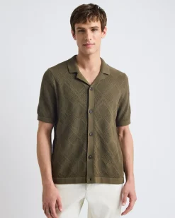 Short-Sleeve Buttoned-Down Argyle Sweater with Camp Collar