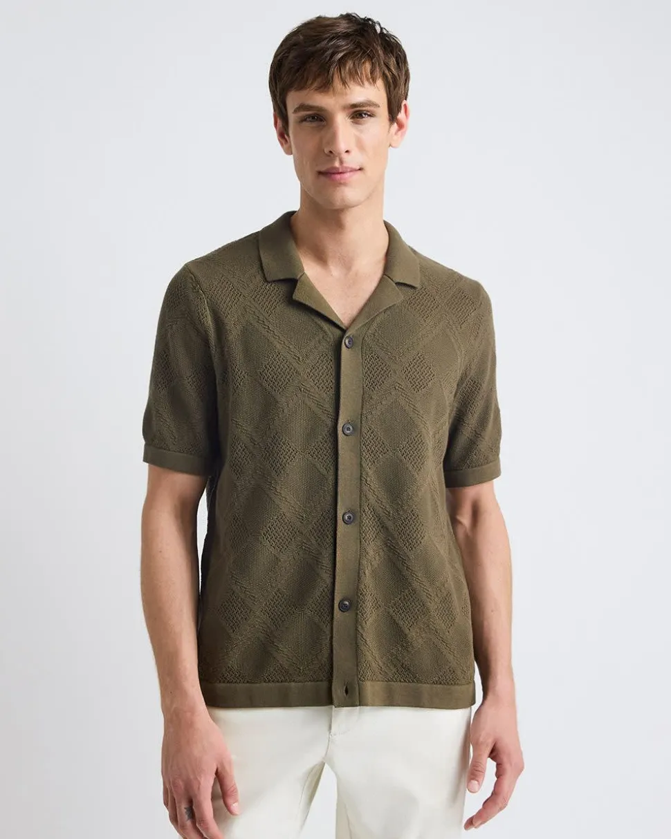 Short-Sleeve Buttoned-Down Argyle Sweater with Camp Collar