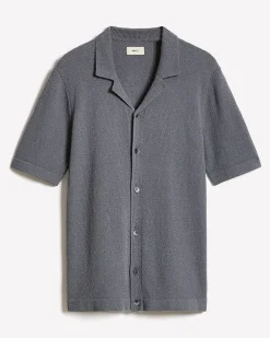 Short-Sleeve Buttoned-Down Sweater with Camp Collar