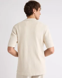 Short-Sleeve Buttoned-Down Sweater with Camp Collar