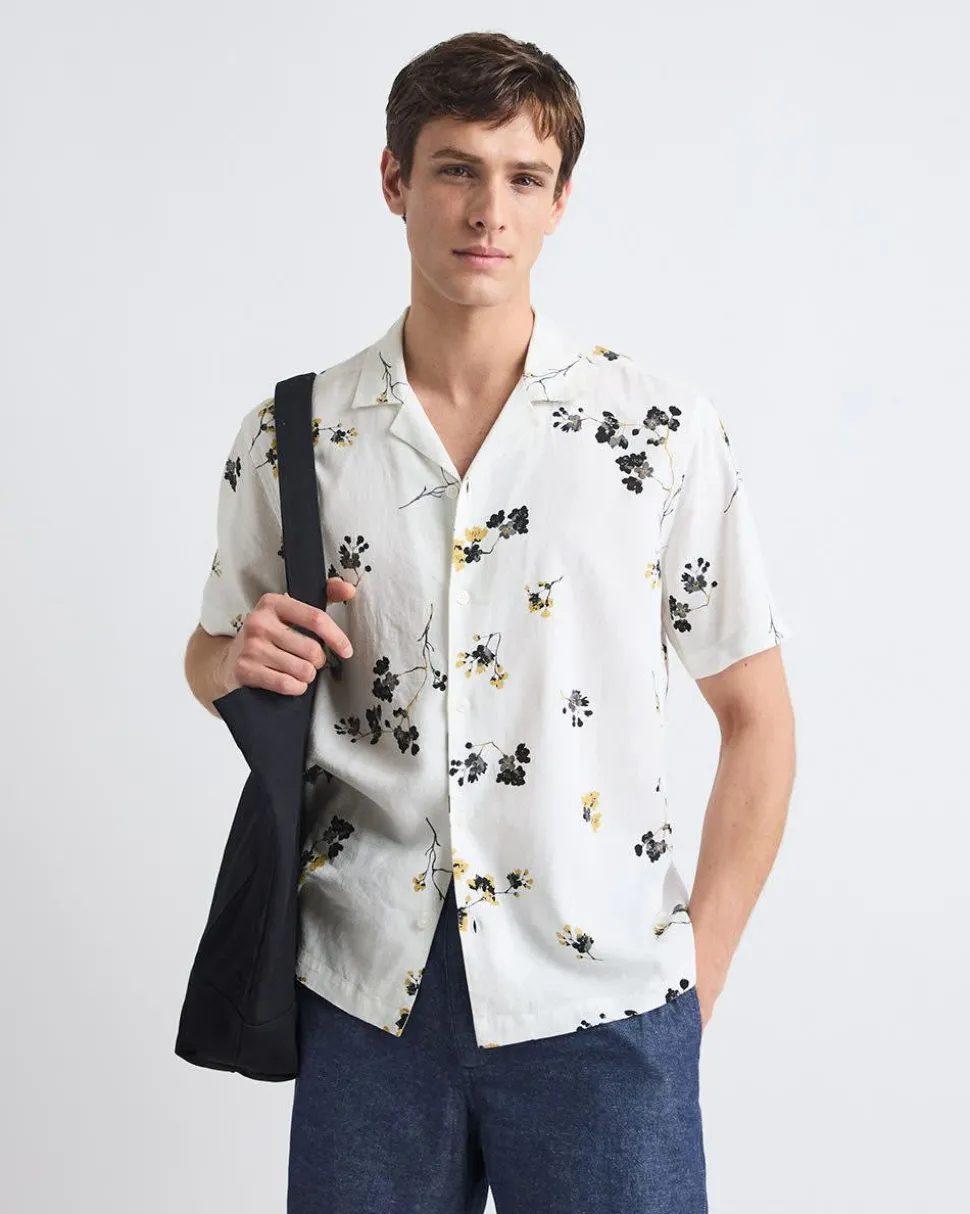 Short-Sleeve Camp-Collar Cropped Shirt with Floral Print