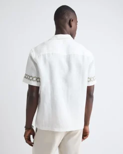 Short-Sleeve Camp-Collar Linen Shirt with Embroidered Details