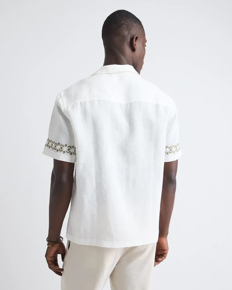 Short-Sleeve Camp-Collar Linen Shirt with Embroidered Details