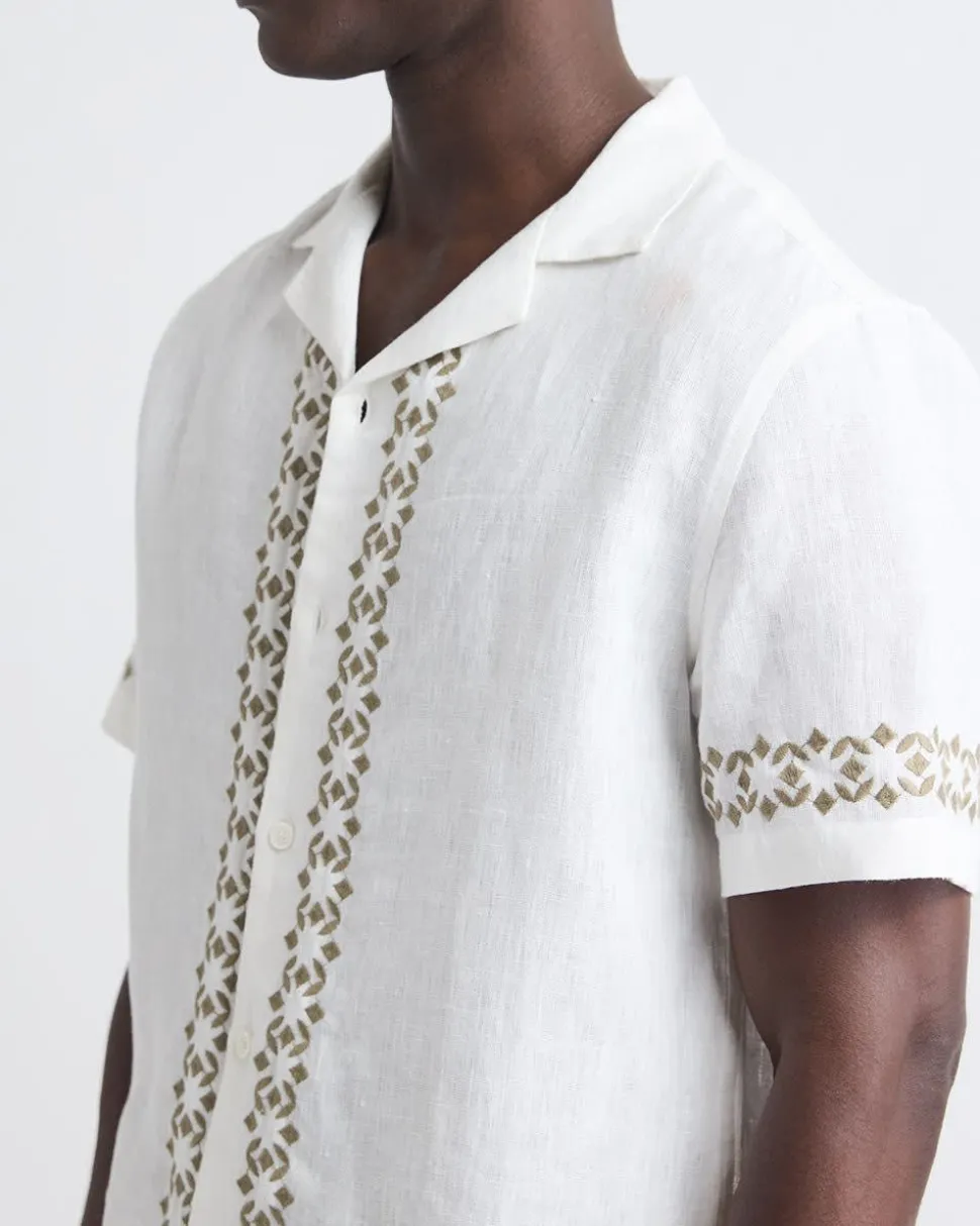 Short-Sleeve Camp-Collar Linen Shirt with Embroidered Details