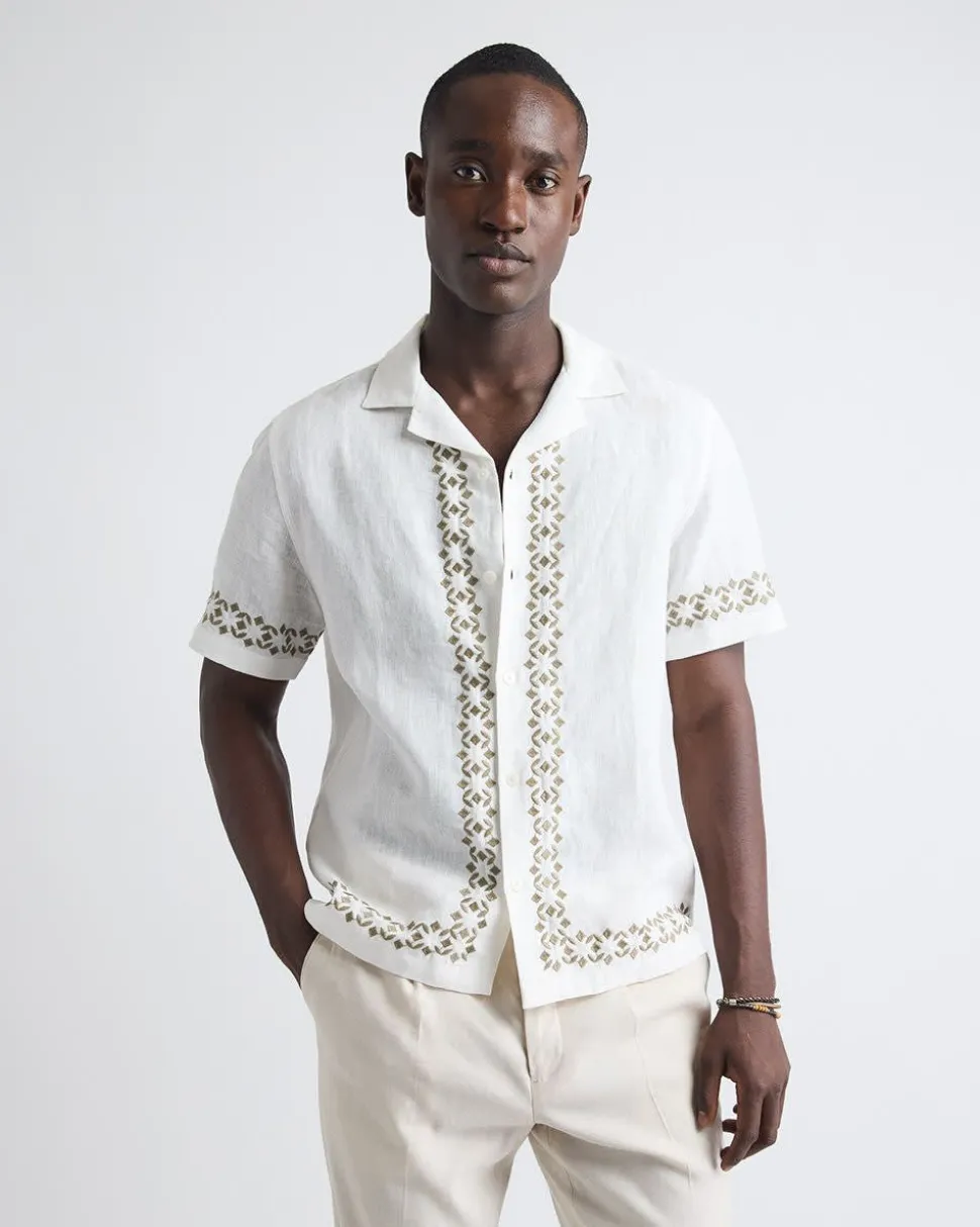 Short-Sleeve Camp-Collar Linen Shirt with Embroidered Details