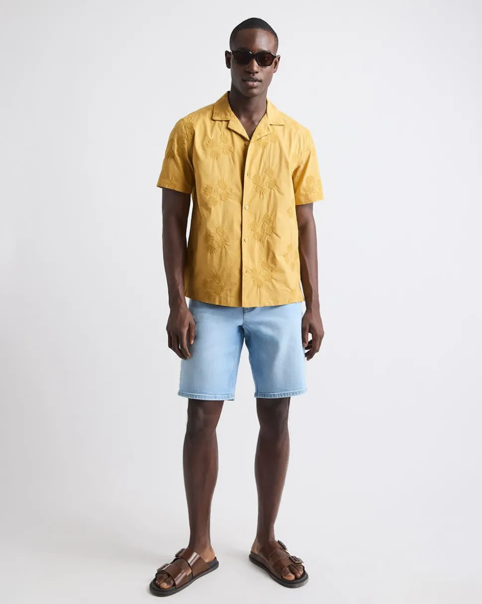 Short-Sleeve Camp-Collar Mustard Shirt with Embroidered Details