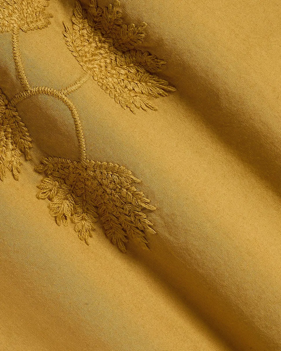 Short-Sleeve Camp-Collar Mustard Shirt with Embroidered Details