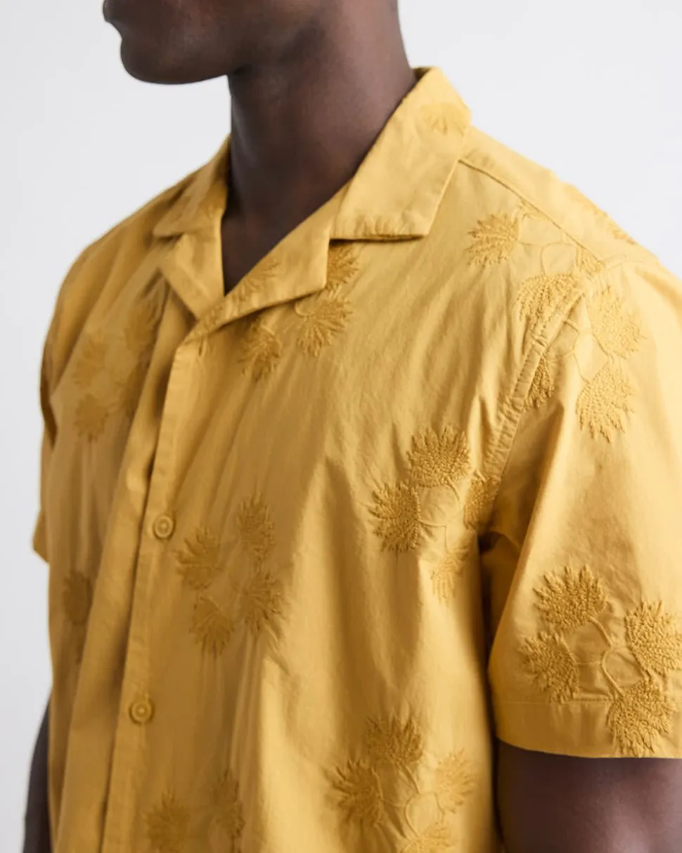 Short-Sleeve Camp-Collar Mustard Shirt with Embroidered Details