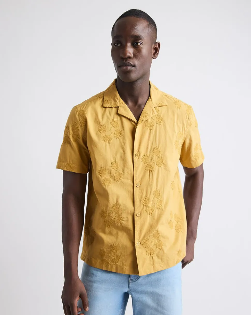 Short-Sleeve Camp-Collar Mustard Shirt with Embroidered Details