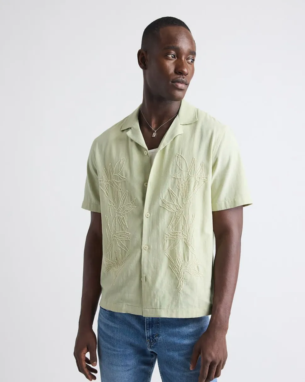 Short-Sleeve Camp-Collar Shirt with Beaded Pattern