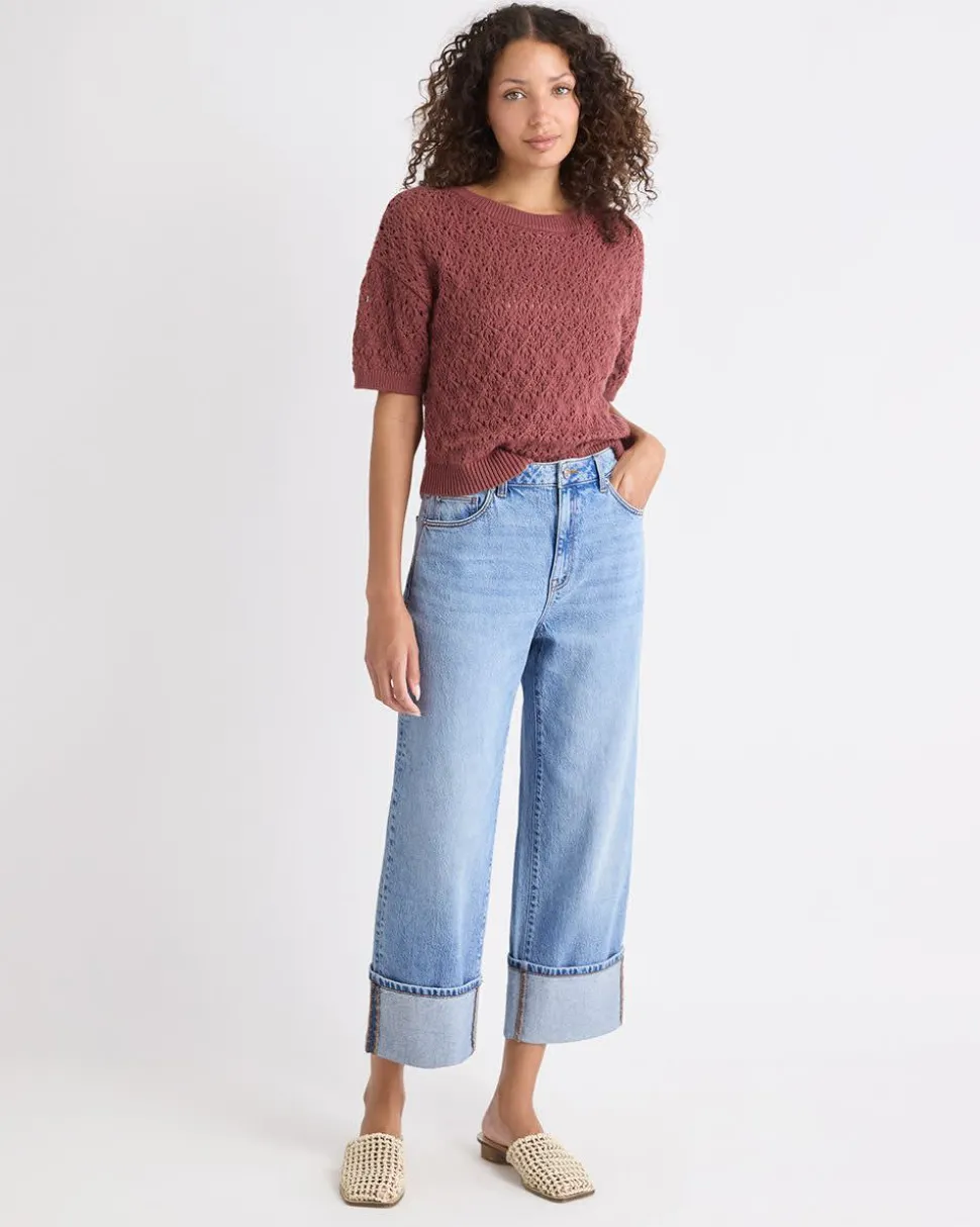 Short-Sleeve Crew-Neck Boxy Sweater in Fancy Stitches