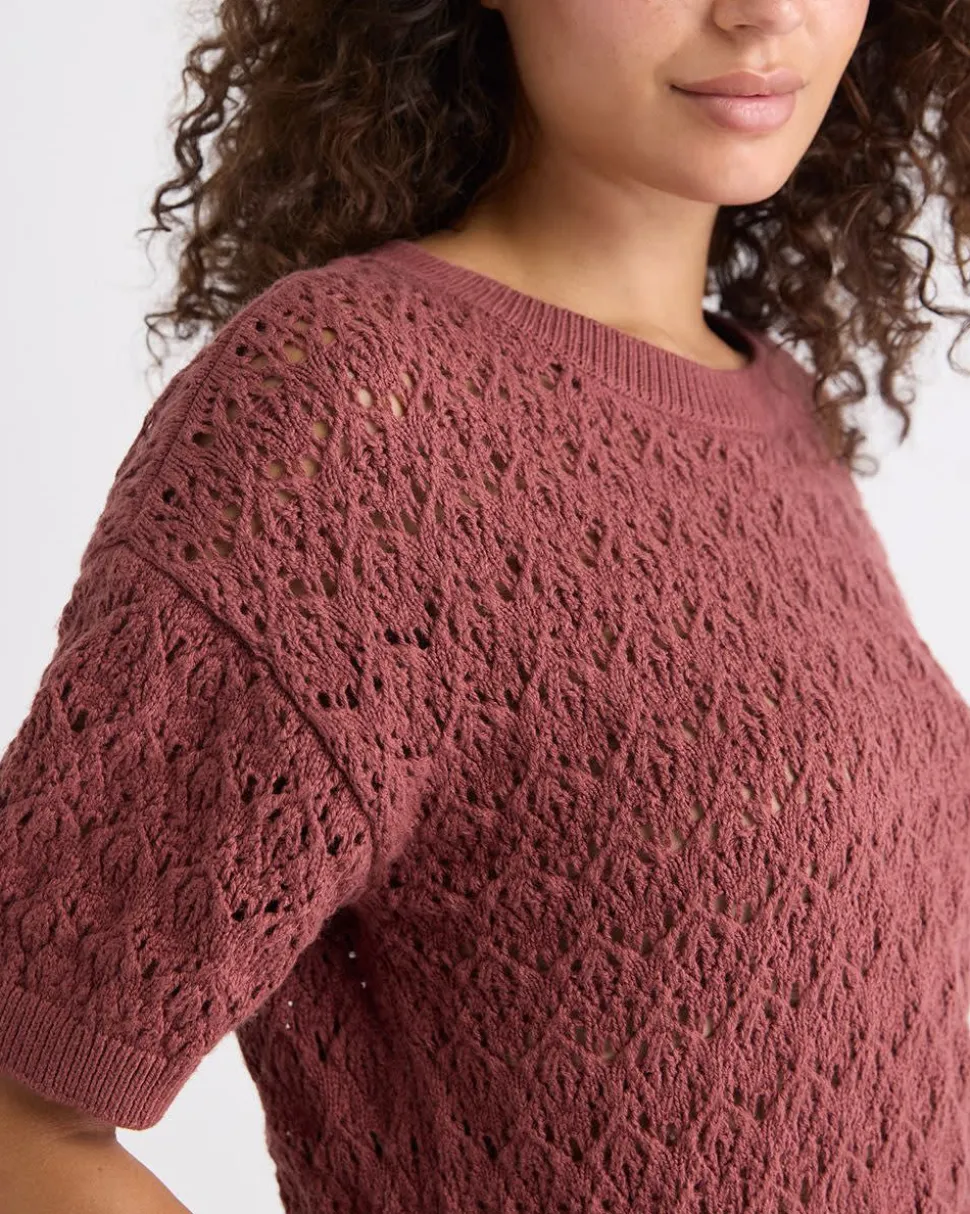 Short-Sleeve Crew-Neck Boxy Sweater in Fancy Stitches