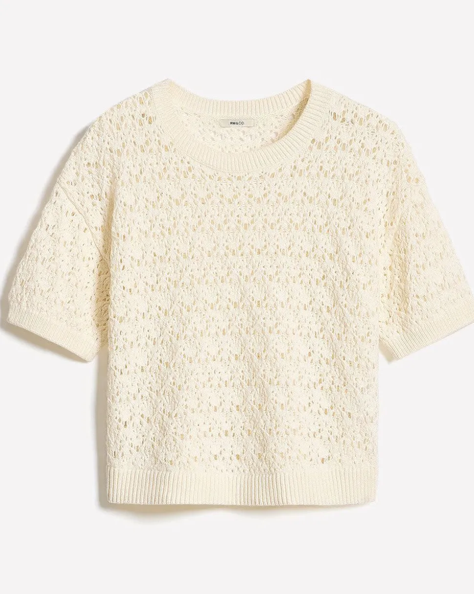 Short-Sleeve Crew-Neck Boxy Sweater in Fancy Stitches