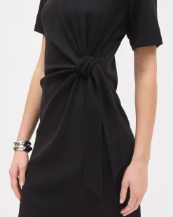 Short-Sleeve Crew-Neck Dress with Knot at Waist