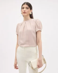 Short-Sleeve Crew-Neck Mix-Media Blouse