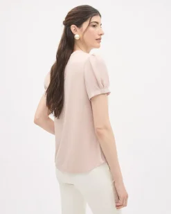 Short-Sleeve Crew-Neck Mix-Media Blouse