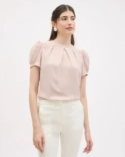 Short-Sleeve Crew-Neck Mix-Media Blouse