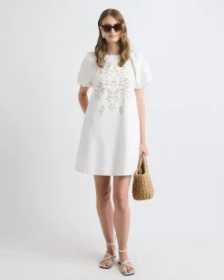 Short-Sleeve Crew-Neck Straight Mini Dress with Embroidery