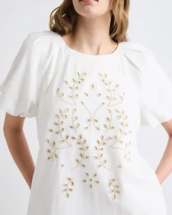Short-Sleeve Crew-Neck Straight Mini Dress with Embroidery