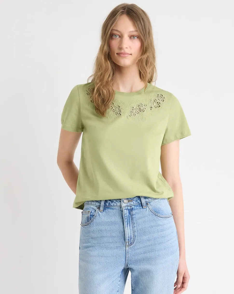 Short-Sleeve Crew-Neck Top with Embroideries