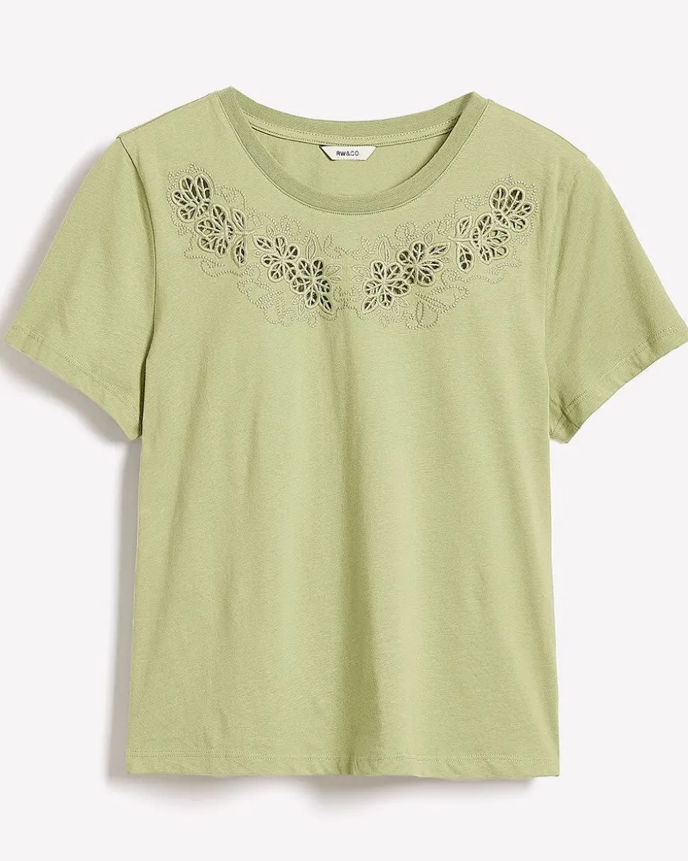 Short-Sleeve Crew-Neck Top with Embroideries