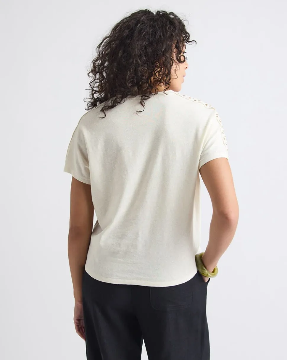 Short-Sleeve Crew-Neck Top with Crochet Details