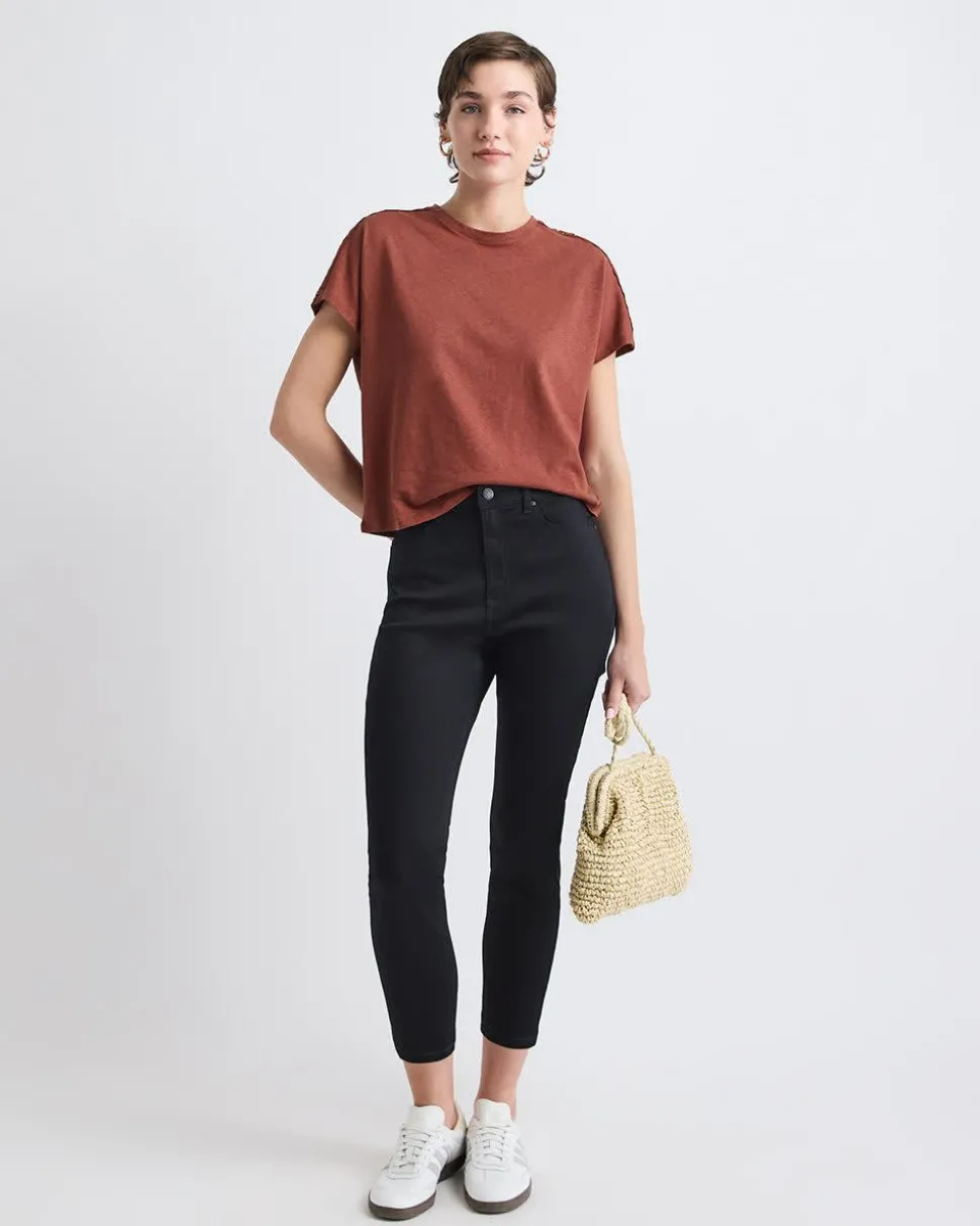 Short-Sleeve Crew-Neck Top with Crochet Details