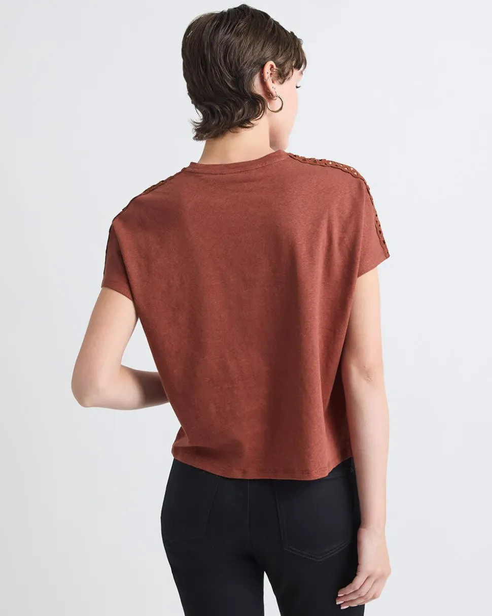 Short-Sleeve Crew-Neck Top with Crochet Details