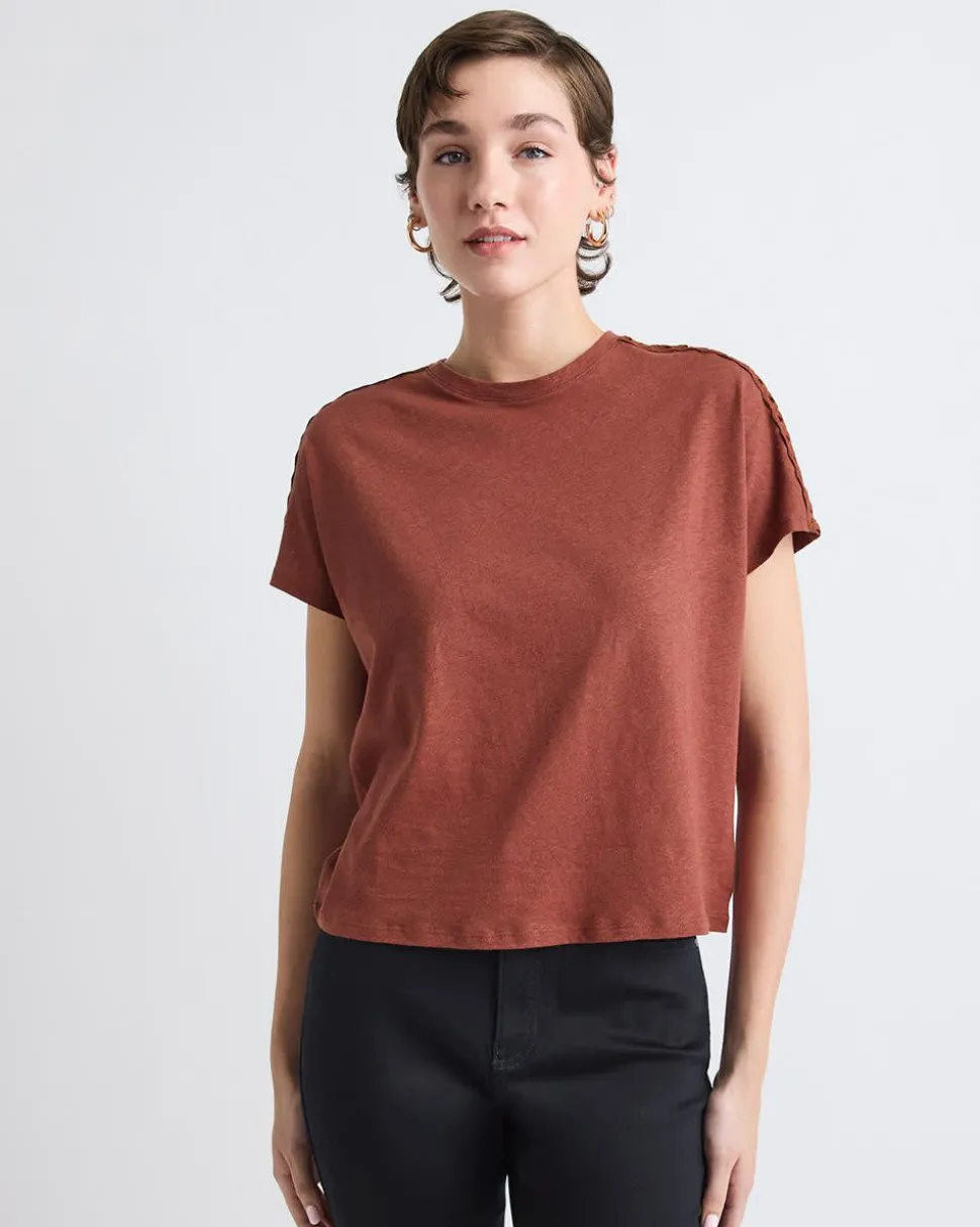 Short-Sleeve Crew-Neck Top with Crochet Details