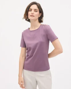 Short-Sleeve Crew-Neck Top with Buttons on Shoulder