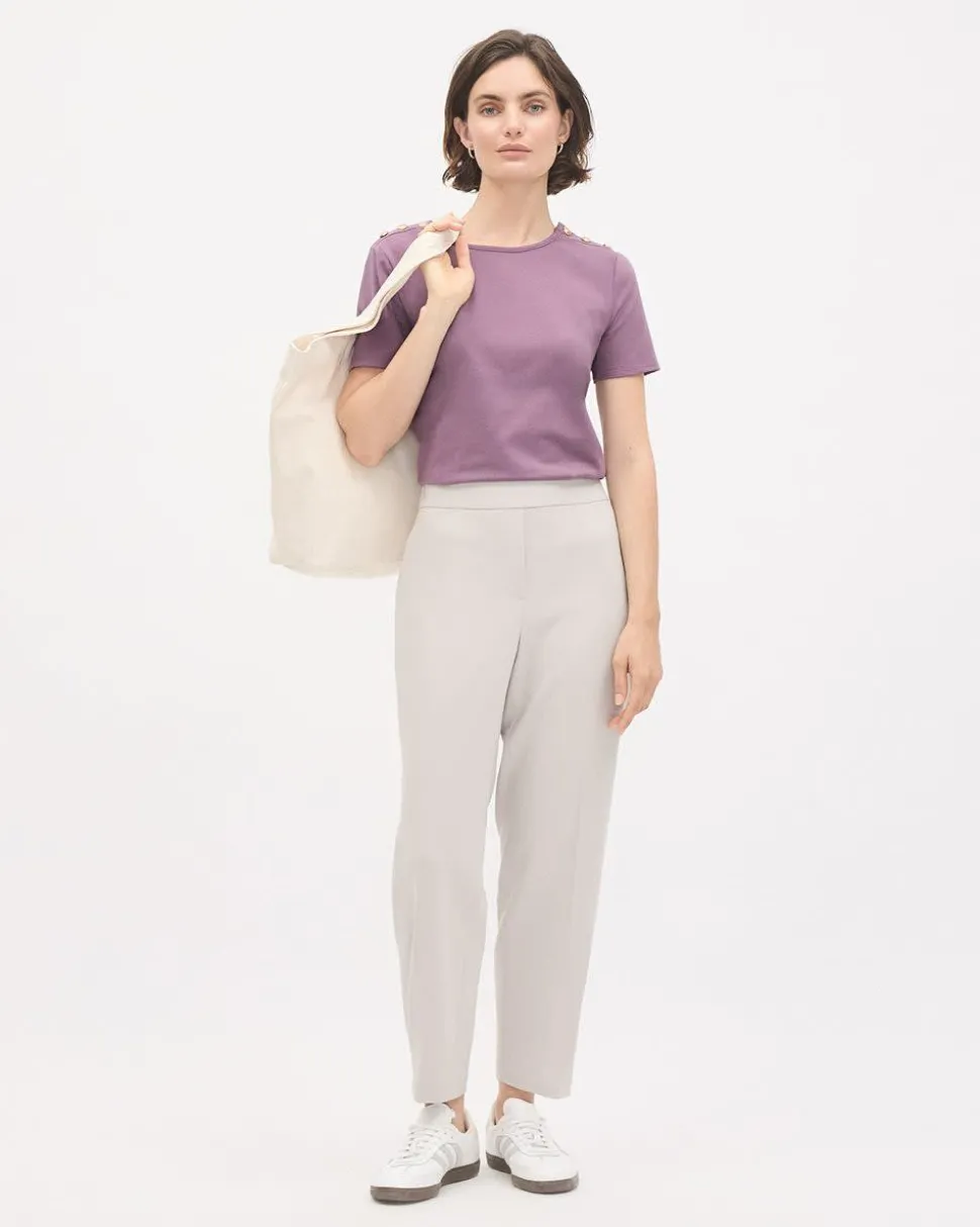 Short-Sleeve Crew-Neck Top with Buttons on Shoulder