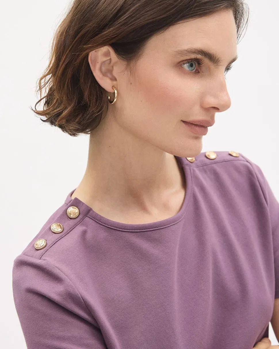Short-Sleeve Crew-Neck Top with Buttons on Shoulder